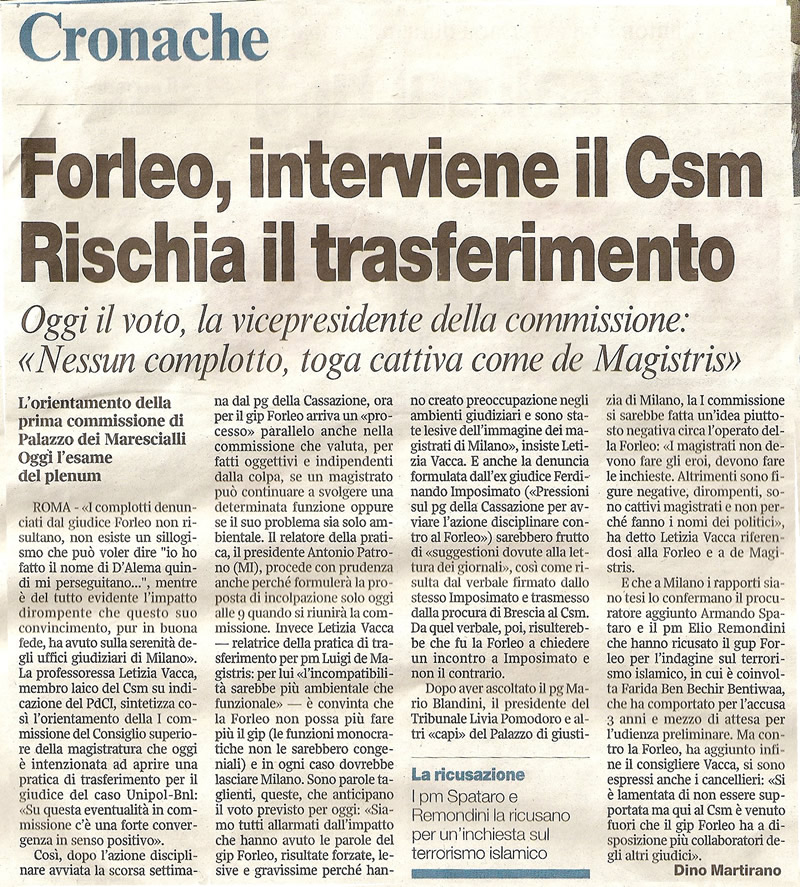 Forleo, interviene il Csm