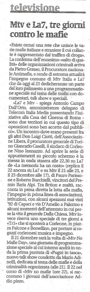 Mtv e La7, tre giorni contro le mafie