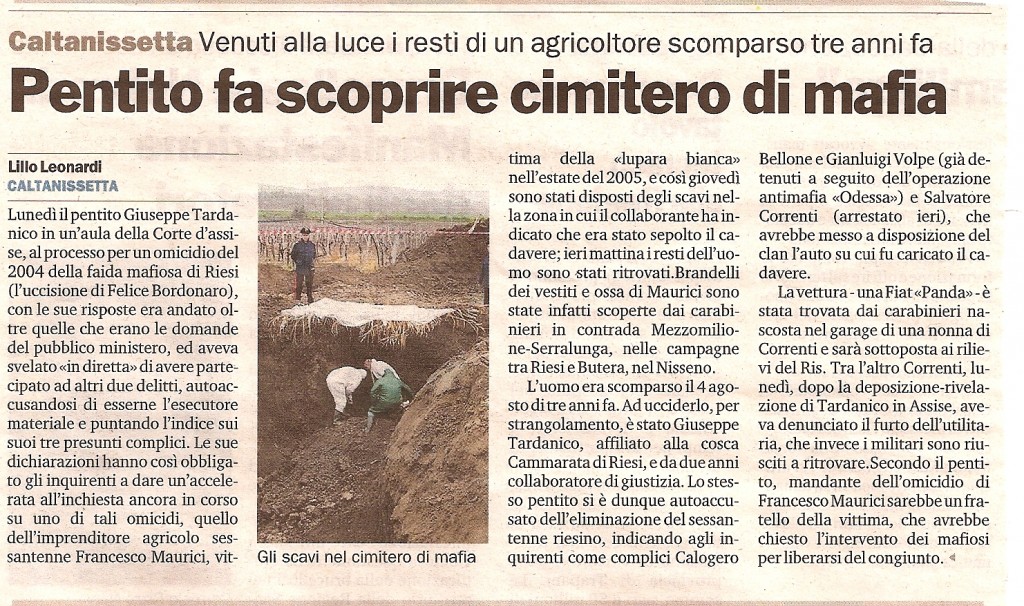 Pentito fa scoprire cimiterio di mafia