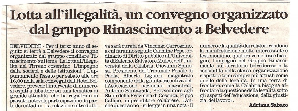 Lotta all'illegalità, un convegno organizzato dal gruppo rinascimento a Belvedere