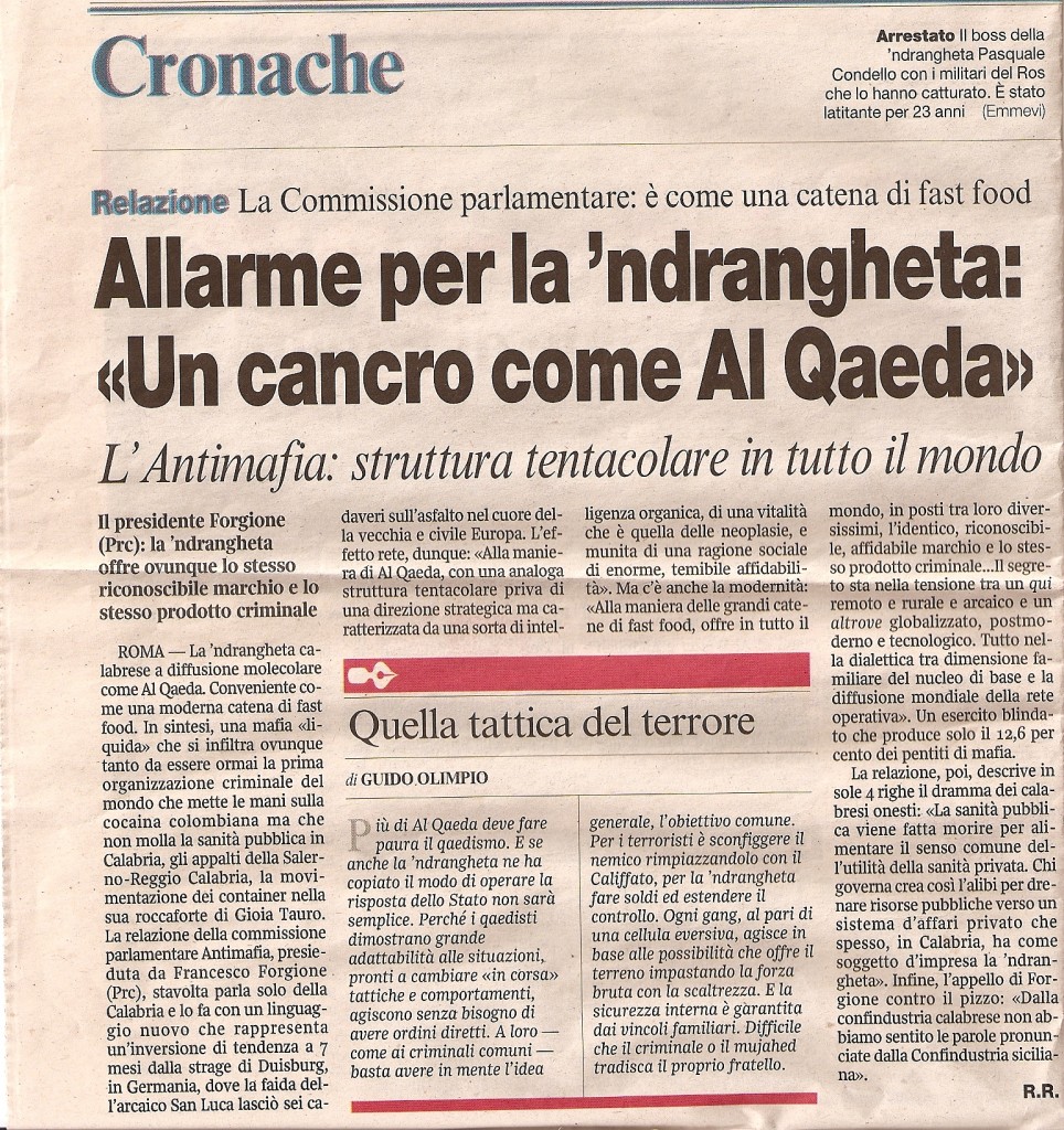 Allarme per la 'ndrangheta: «Un cancro come Al Queda»