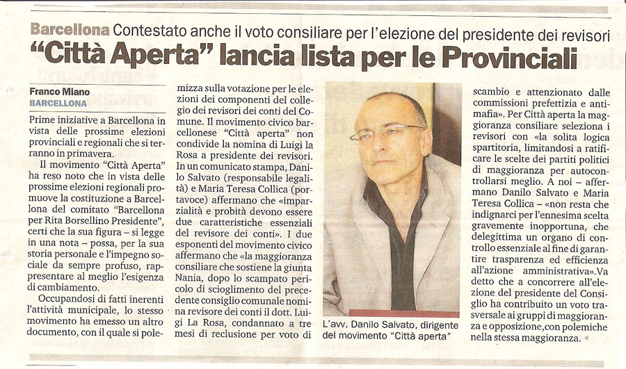 "Città Aperta" lancia lista per le Provinciali