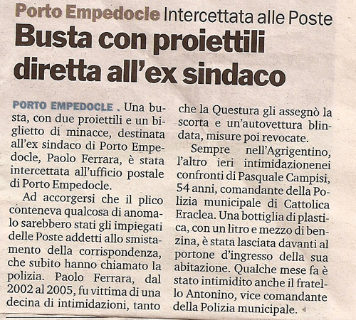 Busta con proiettili diretta all'ex sindaco