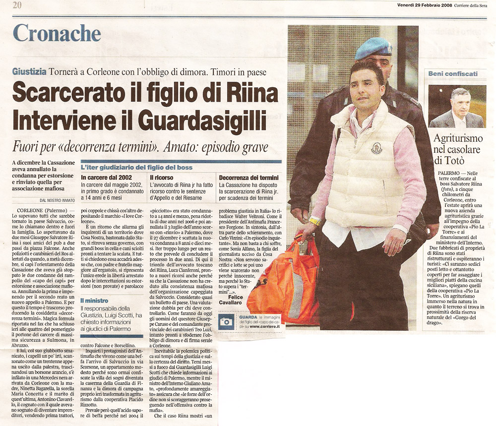 Scarcerato il figlio di Riina. Interviene il guardiasigilli