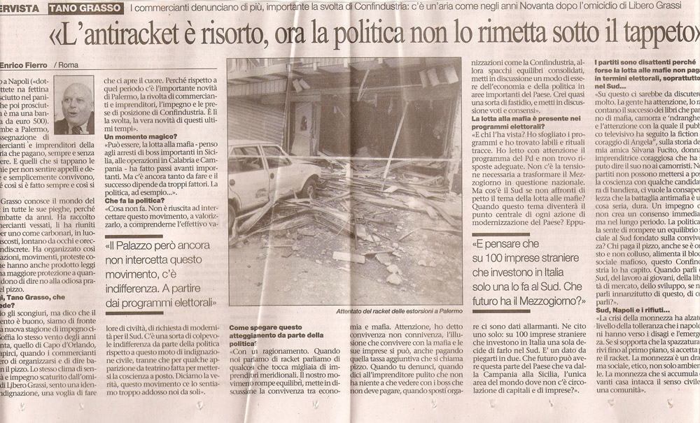 «L'antiracket è risorto, ora la politica non lo rimetta sotto il tappeto»