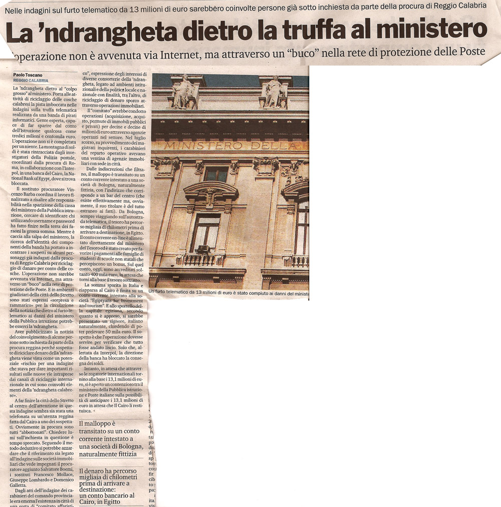 La 'ndrangheta dietro la truffa al ministero