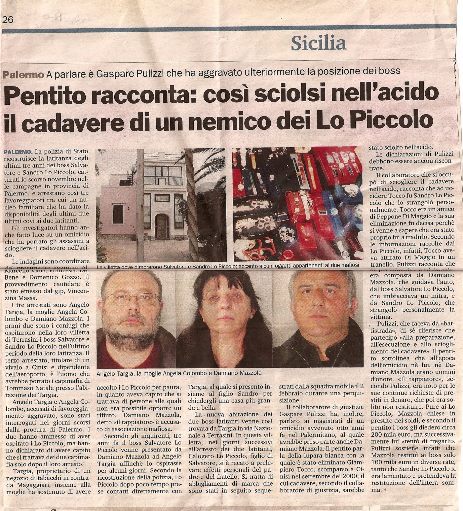 Pentito racconta: così sciolsi nell'acido il cadavere di un nemico dei Lo Piccolo