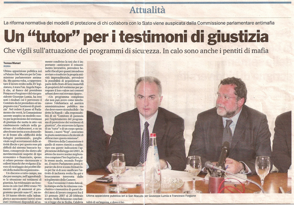 Un "tutor" per i testimoni di giustizia