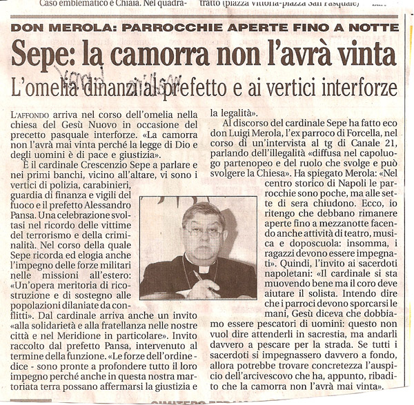 Sepe: la camorra non l'avrà vinta