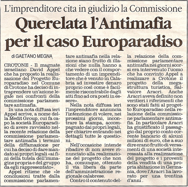 Querelata l'Antimafia per il caso Europaradiso