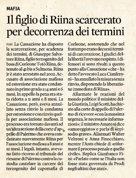 Il figlio di Riina scarcerato per decorrenza dei termini