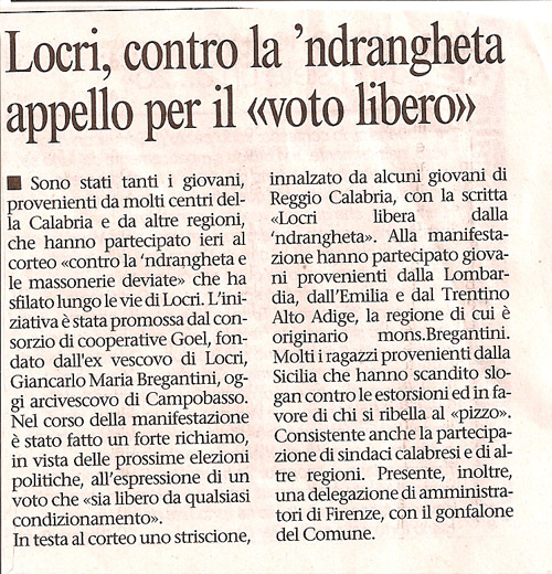 Locri, contro la 'ndrangheta appello per il «voto libero»