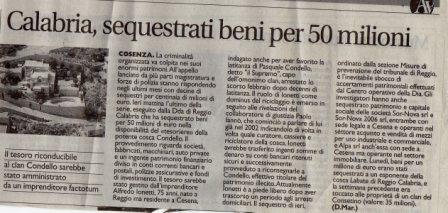 Calabria, sequestrati beni per 50 milioni