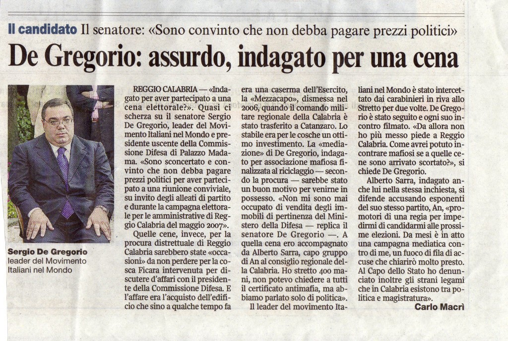 De Gregorio assurdo: indagato per una cena