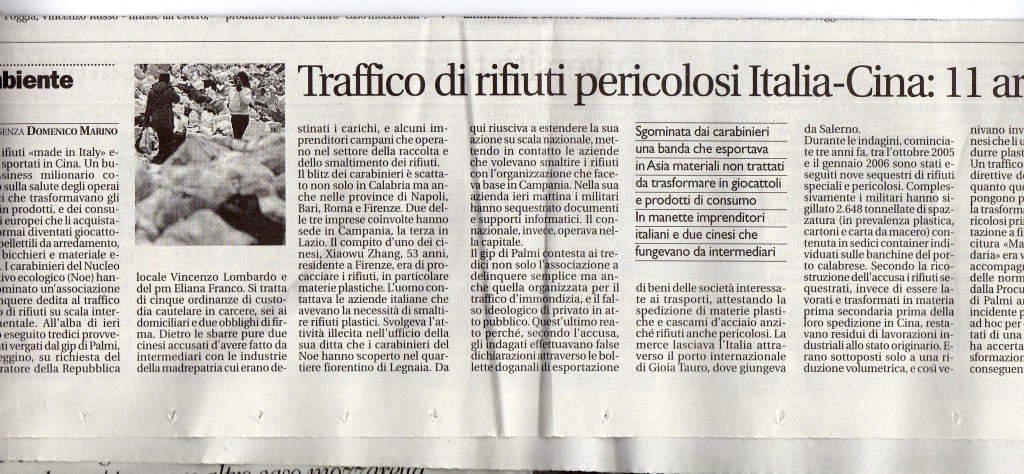 Traffico di rifiuti pericolosi fra Italia Cina
