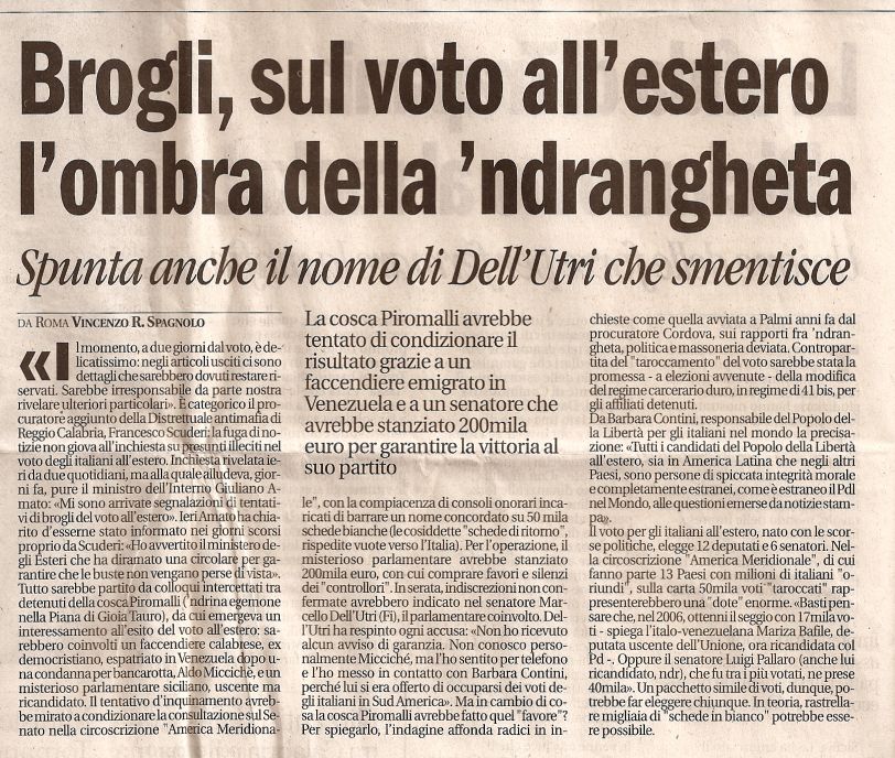 Brogli, sul voto all'estero l'ombra della 'ndrangheta