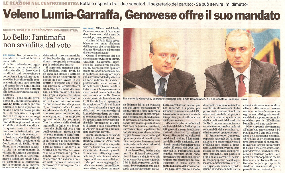 Veleno Lumia Garraffa, Genovese offre il suo mandato