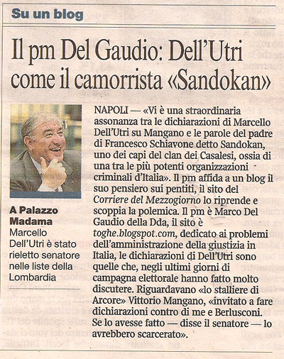 Il pm Del Gaudio: Dell'Utri come il camorrista «Sandokan»