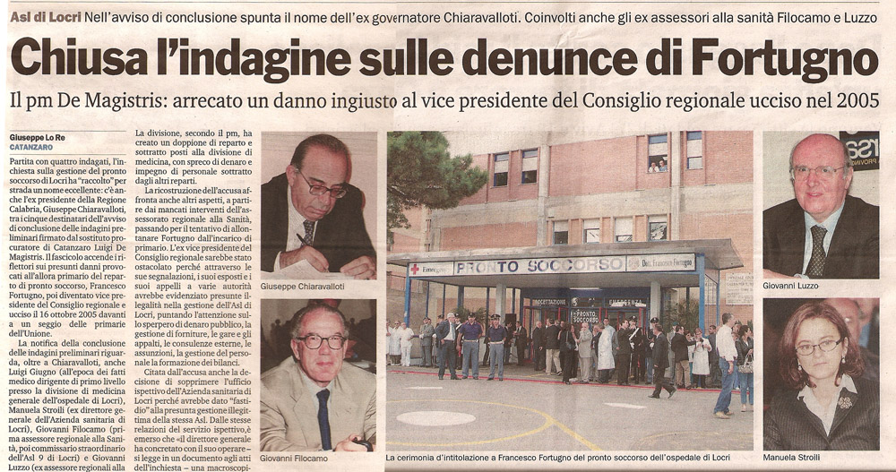 Chiusa l'indagine sulle denunce di Fortugno