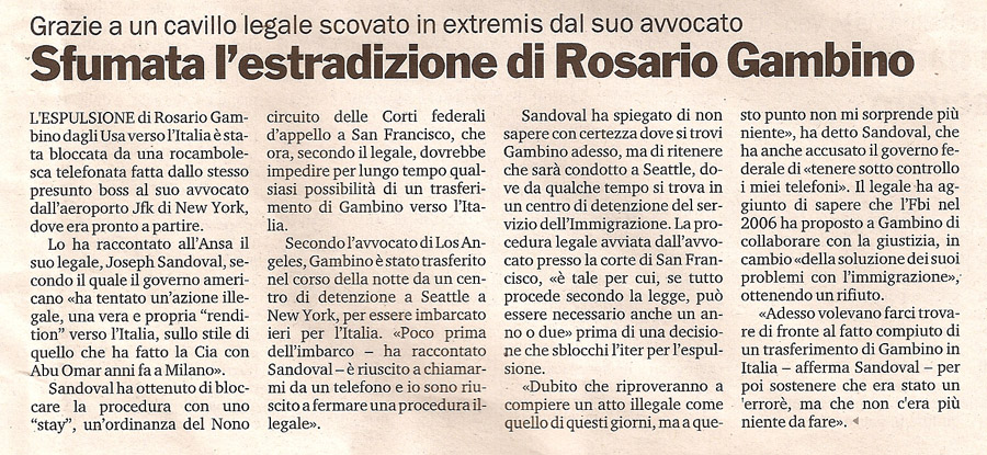 Sfumata l'estradizione di Rosario Gambino