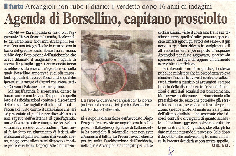 Agenda di Borsellino, capitano prosciolto