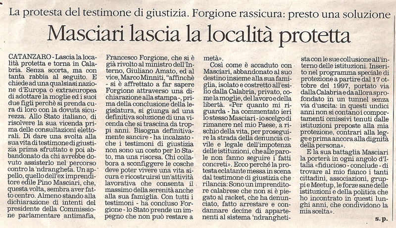 Masciari lascia la località protetta