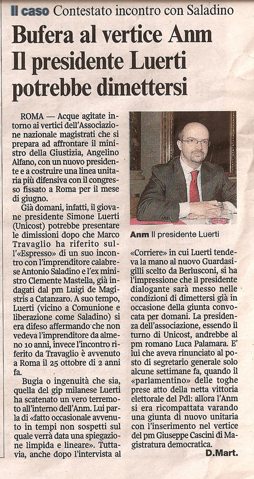 Bufera al vertice Anm. Il presidente Luerti potrebbe dimettersi