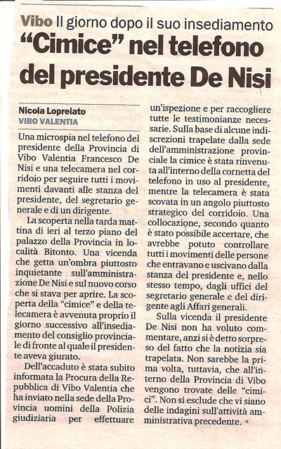 "Cimice" nel telefono del presidente De Nisi