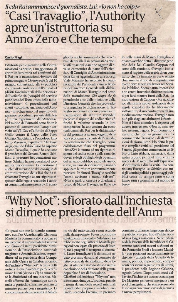 'Casi Travaglio' l'Autority apre un'istruttoria su Anno Zero e Che tempo che fa