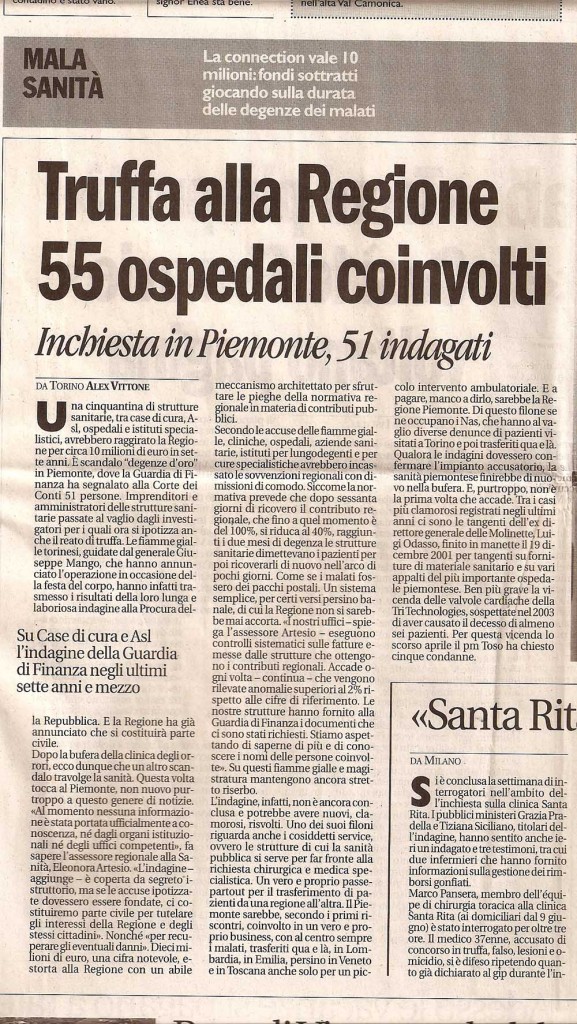Truffa alla Regione 55 ospedali coinvolti