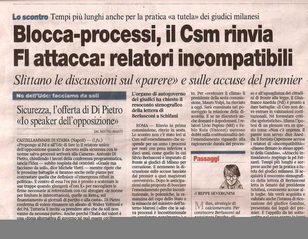 Blocca processi, il Csm rinvia, Fi attacca: relatori incompatibili