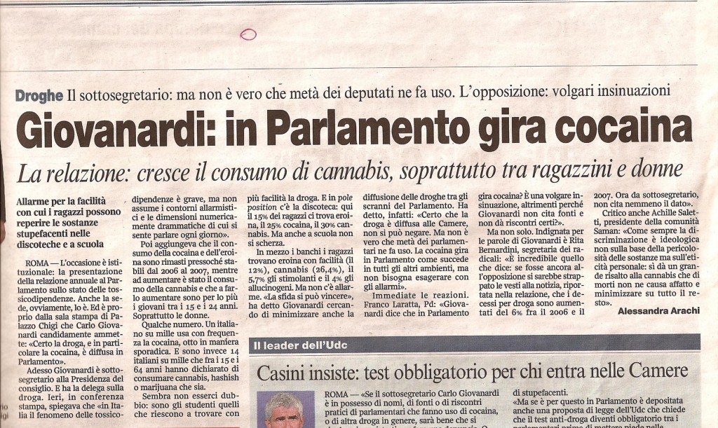 Giovanardi: in Parlamento gira cocaina