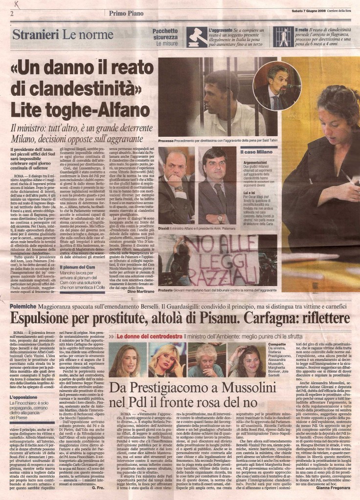 «Un danno il reato di clandestinità» Lite toghe Alfano