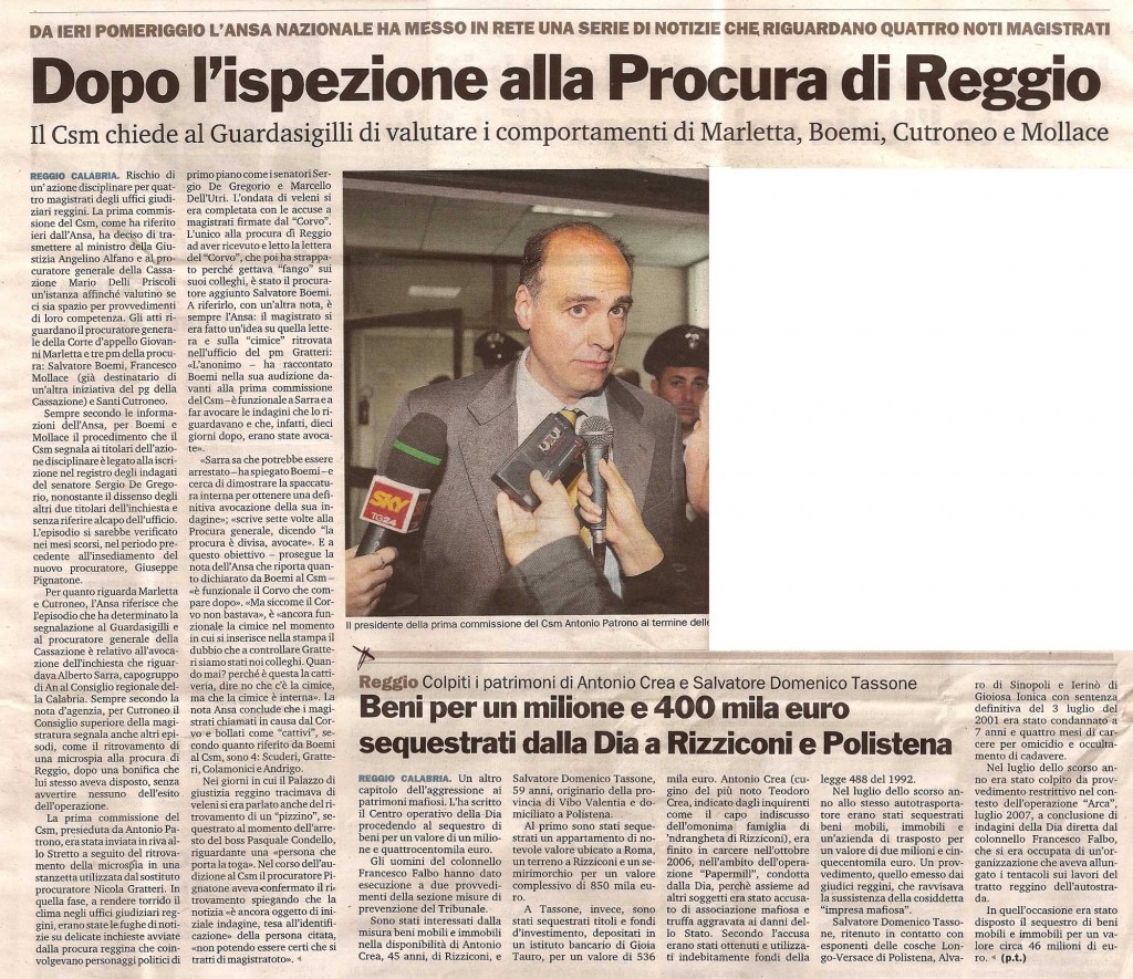 Dopo ispezione alla Procura di Reggio