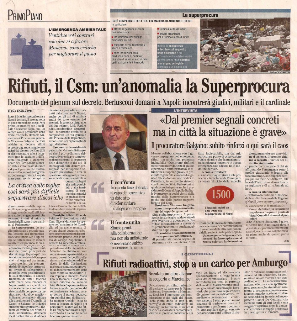 Rifiuti, il Csm: un'anomalia la Superprocura