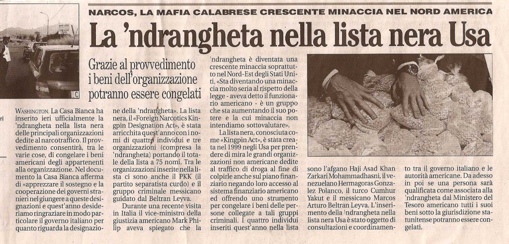 La 'ndrangheta nella lista nera Usa