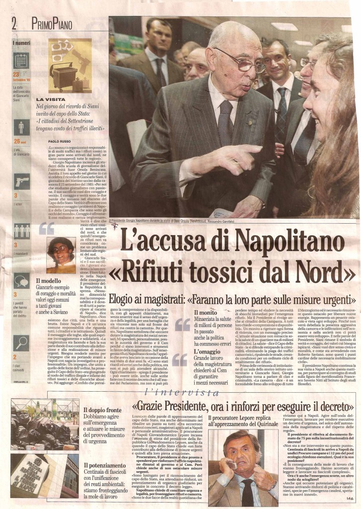 L'accusa di Napolitano «Rifiuti tossici dal Nord»