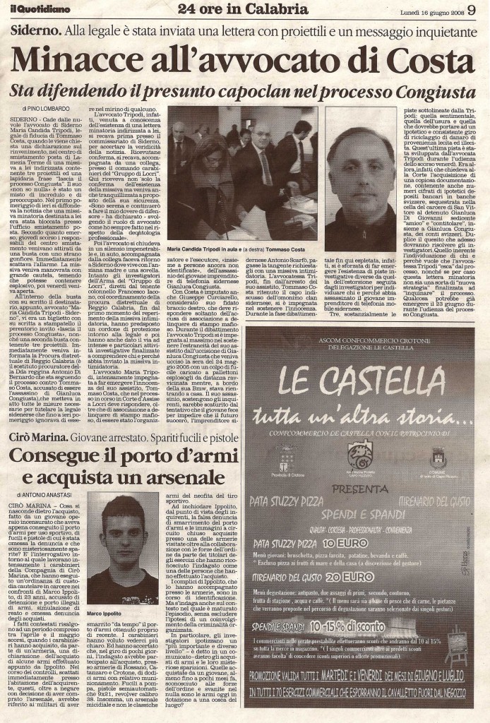 Minacce all'avvocato di Costa
