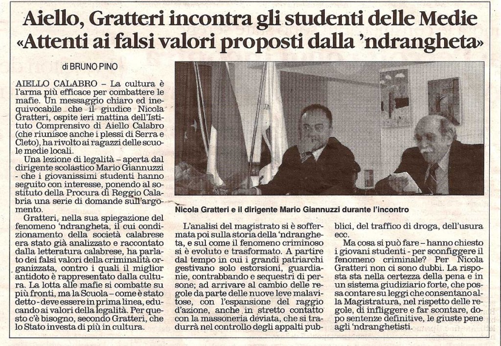 Aiello, Gratteri incontra gli studenti delle Medie «Attenti ai falsi valori proposti dalla 'ndrangheta»