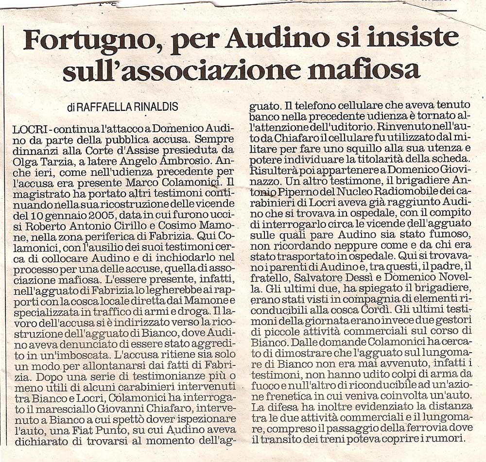 Fortugno, per Audino si insiste sull'associazione mafiosa