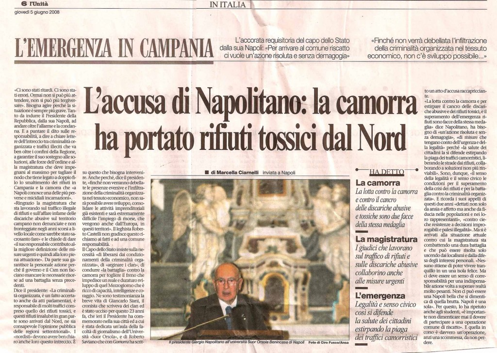 L'accusa di Napolitano, la camorra ha portato i rifiuti tossici dal Nord