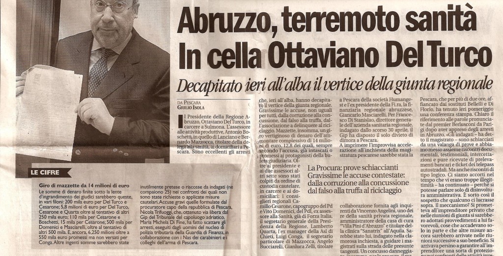 Abruzzo, terremoto sanità in cella Ottaviano Del Turco