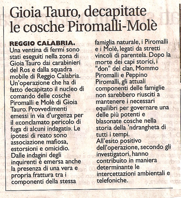 Gioia Tauro, decapitate le cosche Piromalli Molè