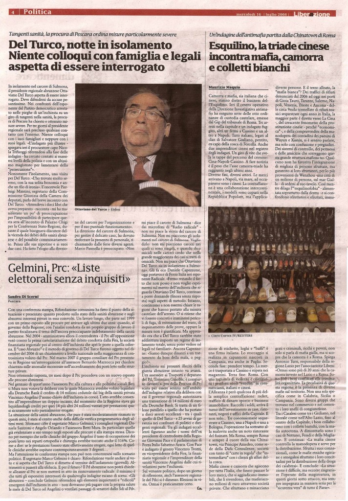 Del Turco, notte in isolamento Niente colloqui con famiglia e legali