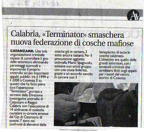 Calabria: "Terminator" smaschera nuova federazione di cosche mafiose
