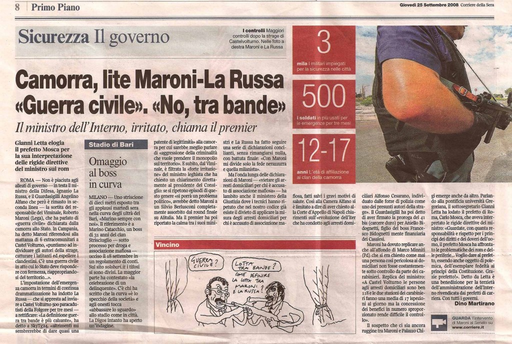 Camorra, lite Maroni La Russa "Guerra civile", "No, tra bande"