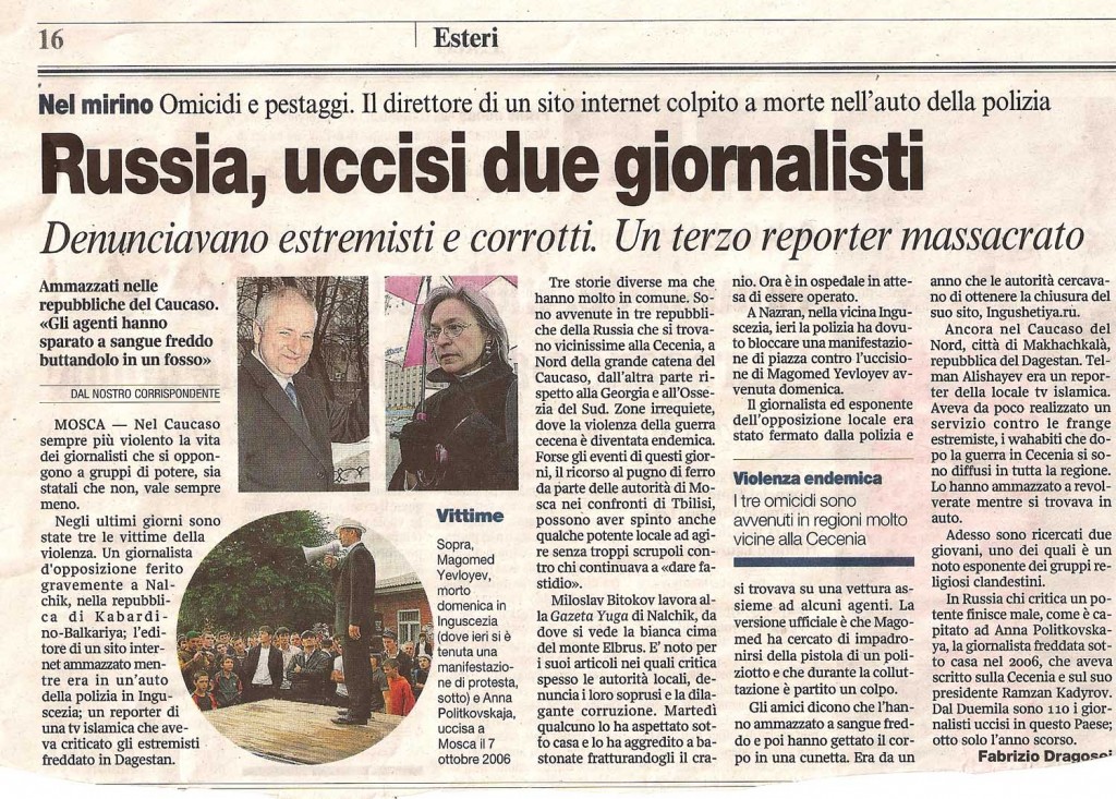Russia, uccisi 2 giornalisti