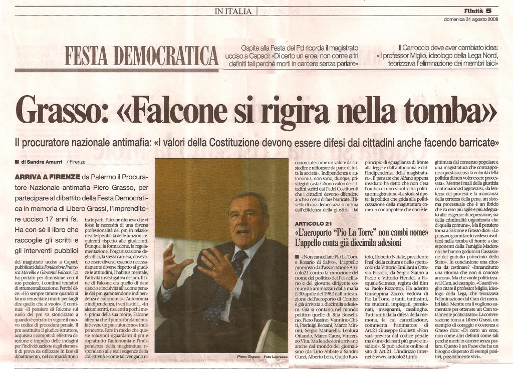 Grasso:""Falcone si rigira nella tomba"