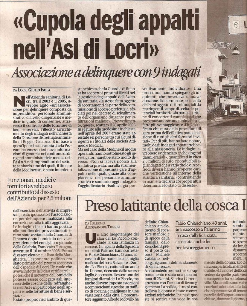 “Cupola degli appalti nell’Asl di Locri”