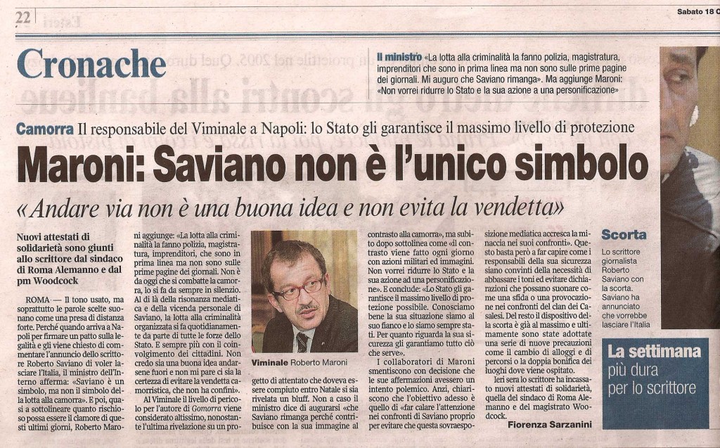Maroni: Saviano non è l'unico simbolo